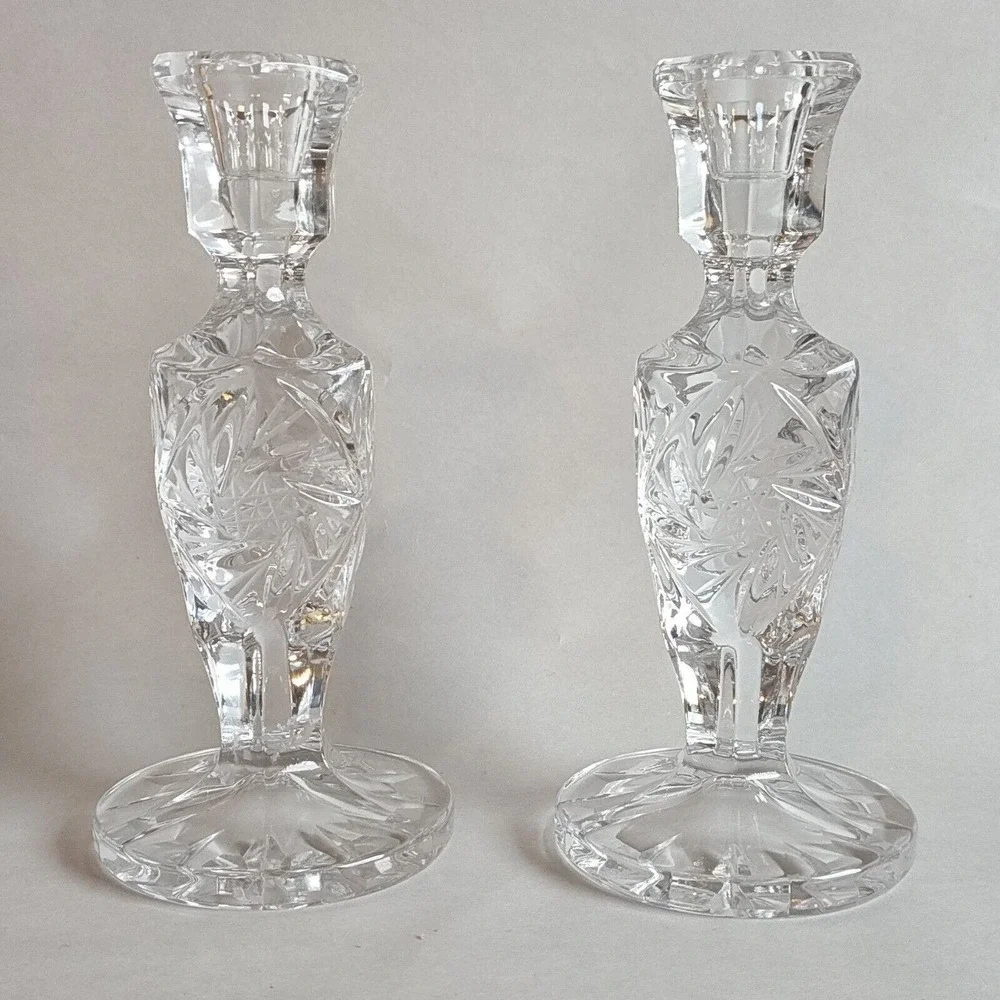 Vintage Pair Hobstar Heavy Crystal Glass Candlesticks Candleholders 7
